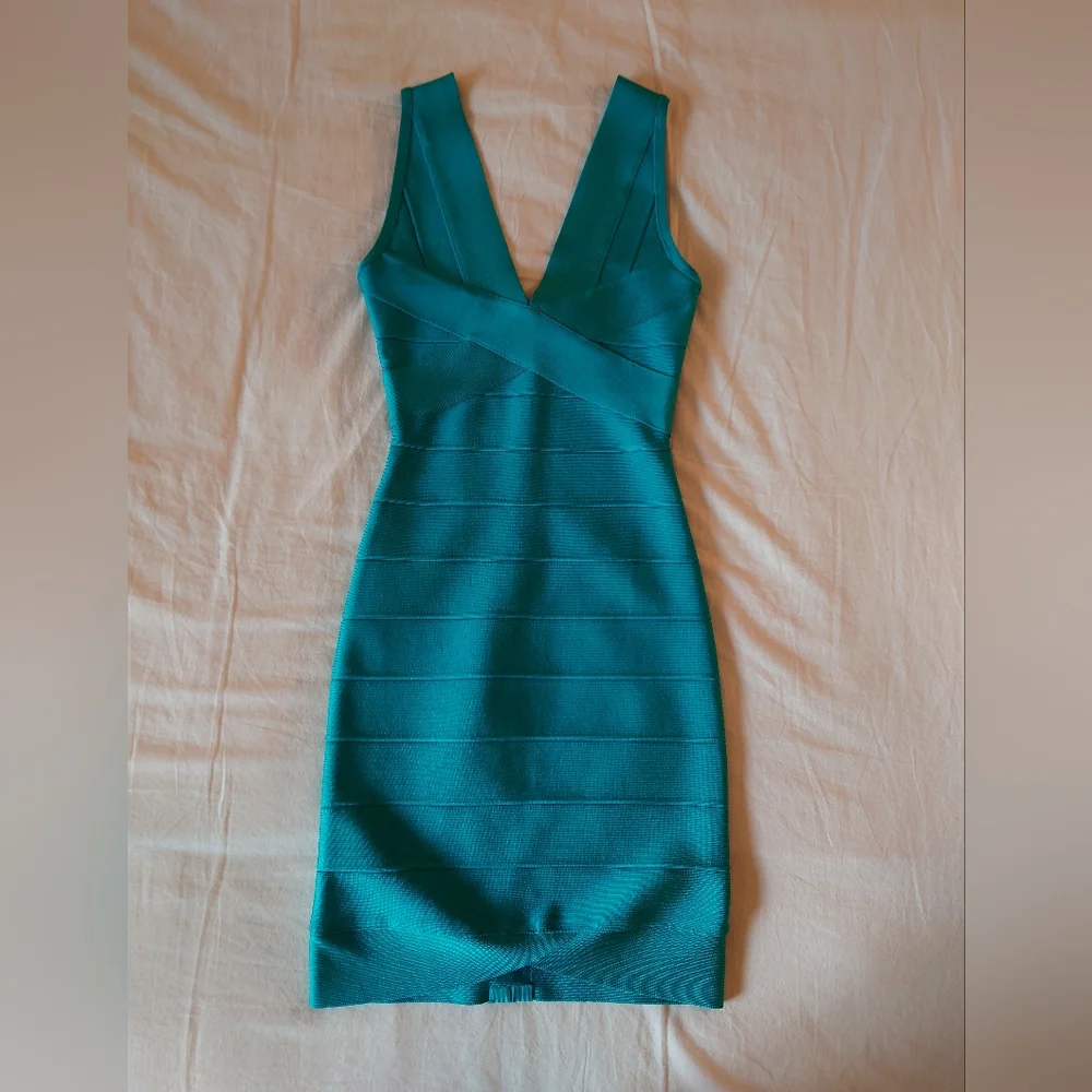 NWOT Bright Teal HERVE LEGER V- Neck Mini Bandage Dress XS $790 - Picture 5 of 14